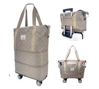 Groß faltbar Reisetasche mit Rollen - faltbar abnehmbare Rollräder, Handgepäck Tasche, Koffer Stoff, Weekender Damen, ideal für Reisen, Camping, Geschäftsreise - Checkerboard Wochenendtasche (Khaki)