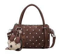 Große Einkaufstasche for Damen, gepunktet, PU-Leder, Schultertasche | Niedlicher Plüschbär-Anhänger, Akzent for Pendler, zylindrisch, leicht, geräumig