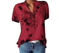 Große Größe Blusen Damen Elegante V-Ausschnitt Blumen Bluse Kurzarmshirt Sommer Casual Lose Tunika Top Hemd mit Knopfleiste Blusenshirt Tasche T-Shirt Oberteile(EUR-36/CN-M,Rot)