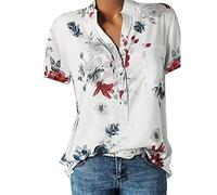 Große Größe Blusen Damen Elegante V-Ausschnitt Blumen Bluse Kurzarmshirt Sommer Casual Lose Tunika Top Hemd mit Knopfleiste Blusenshirt Tasche T-Shirt Oberteile(EUR-42/CN-2XL,Weiß)