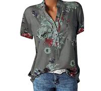 Große Größe Blusen Damen Elegante V-Ausschnitt Blumen Bluse Kurzarmshirt Sommer Casual Lose Tunika Top Hemd mit Knopfleiste Blusenshirt Tasche T-Shirt Oberteile(EUR-42/CN-2XL,Grau)