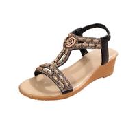 Große Größe Damen-Sandalen, Sommer, flach, Strass, bequem, modisch, Retro, Ethno-Stil, Boho, leicht, Slip-On-Sandalen für Strand und Urlaub, Le Noir 11, 34 EU