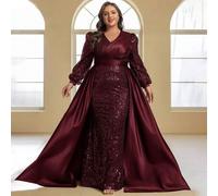 Große Größen Abendkleider, elegantes Luxus-Paillettenkleid mit Satin-Patchwork, V-Ausschnitt, Langarm, Hochzeit, Frühlingsfest