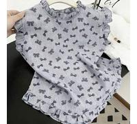 Große Größen Blau Schmetterling Muster Hemd, Rüschen Puffärmel Blumen Bluse, elegante und jugendliche Sommer Oberteil mit Knopfdekor hinten