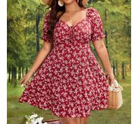 Große Größen Boho Kleid mit kleinen Blumen Muster und Knoten Vorderseite