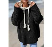 Große Größen Boho strukturierter Kapuzen-Strickpullover - Lässiger Strand-Hoodie-Pullover in großen Größen - Dicker Seil-Kordelzug, Drop-Shoulder, Str
