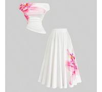 Große Größen Casual Urlaubs Blumen Muster Off-Shoulder Kurzarm Bluse und A-Linie Mini Rock 2-Teiliges Set