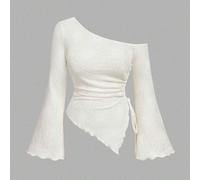 Große Größen Damen Aprikot Jacquard strukturiertes Trompetenärmel T-Shirt, Tunnelzug asymmetrischer Saum Trompetenärmel T-Shirt, Off-Shoulder T-Shirt,