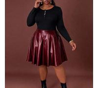 Große Größen Damen einfarbiger PU-Leder plissierter Mini-Rock, Bordeaux-Rock, Burgunder-Rock, Lederrock, Kunstlederrock, A-Linien-Rock, für Sanduhrfig