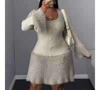 Große Größen Damen einfarbiges elegantes figurbetontes flauschiges Herz-Strickkleid