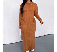 Große Größen Damen einfarbiges geripptes Textur Kapuzen Strickkleid, lässig elegant in Kakaofarbe mit Seitentaschen & Schleifen Dekor, vielseitig für