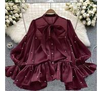 Große Größen Damen einfarbiges Hemd mit Krawattenkragen, Kunstperlen-Dekor, lässig, Pendler, Langarm, elegante Bluse für Damen, Laternärmel Bluse, Per