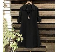 Große Größen Damen einfarbiges plissiertes Hemdkragen, locker sitzendes, kurzärmliges, lässiges Midi-Kleid