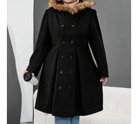 Große Größen Damen Flauschige Fake-Pelz Kragen Kapuzen Doppelreiher Strickjacke aus Wollmischung, Herbst/Winter Große Größen Kapuzenmantel Herbst/Wint