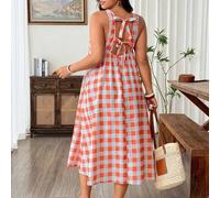 Große Größen Damen Gewebtes romantisches Retro Orange & Weiß kariertes luftiges rückenfreies Kleid