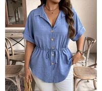 Große Größen Damen Kleid mit Tunnelzug in der Taille, hellblau, strukturierter Vintage-Stoff, Jacquard, ausgestellter Rock mit Knopfakzent, taillierte