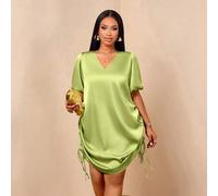 Große Größen Damen Limette Grün Satin V-Ausschnitt Puffärmel Gerafftes Asymmetrisches Saum Mini Kleid, elegantes Casual Resort Party Outfit