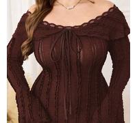 Große Größen Damen Off-Shoulder Rüschen Langarm Figurbetontes Strukturiertes Spitzen Einsatz Französisch Elegantes Kleid