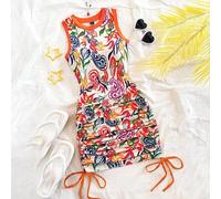 Große Größen Damen Sommer Urlaub orange Colour-Block Kunst Graffiti Paisley Muster gestricktes ärmelloses Mini-Kleid mit Tunnelzugbund für Musikfestiv