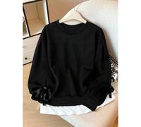 Große Größen Damen Sweatshirt mit Rundhalsausschnitt, Patchwork Design und Fliege, lässiges Sweatshirt mit Patchwork-Details, lässiges Sweatshirt mit