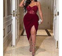 Große Größen Damen Y2K Baddie Stil schwarzes glänzendes Pailletten Mesh Bodycon Kleid, Spaghetti-Träger gerafftes Midi Kleid mit hohem Schlitz. Geeign