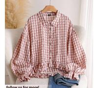Große Größen Damenmode Casual Plaid Print Button-Up Shirt Gingham Top Casual Bluse Baumwollblusen Cottagecore Kleidung