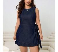 Große Größen dunkelblau Denim Kleid ärmellos mit Schleife an der Taille, kurzes Kleid im koreanischen Stil, süßes Kleid für Ausgehen, Wickelkleid für