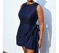 Große Größen dunkelblau Denim Kleid ärmellos mit Schleife an der Taille, kurzes Kleid im koreanischen Stil, süßes Kleid für Ausgehen, Wickelkleid für