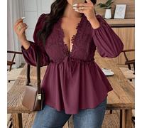 Große Größen einfarbige Bluse mit Spitzen-Patchwork, tiefem V-Ausschnitt und Twist-Detail an den Ärmeln