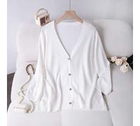 Große Größen einfarbiger, einreihiger, V-Ausschnitt, langärmeliger, weißer Lässig-Cardigan
