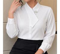 Große Größen elegante Bluse mit asymmetrischem Kragen und Dreiecksausschnitt in Weiß, langärmliges drapiertes Hemd, Business Lässig Büro-Pendler-Top f
