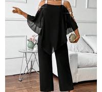 Große Größen Elegante Damen Top aus Chiffon mit silbernem Schleifen Dekor und weite Bein Jumpsuit