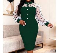 Große Größen Elegantes Midikleid für Damen mit Polka-Punkten, Mesh-Einsätzen, Langarm, Hemdkragen und Knopfverzierung, ideal für Büro und Urlaub im Fr