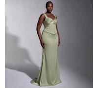 Große Größen elegantes romantisches modisches würdevolles grünes Satin-Kleid mit Plissee-Dekor, Cup-Design, Meerjungfrauen-Saum, Rücken-Schnürung, ele