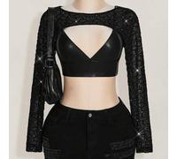 Große Größen Extra Crop Langarm Top mit Strass verziertem Mesh Overlay, Y2K Style, Club Outfits Damen Sexy, Ausgeh Tops Damen