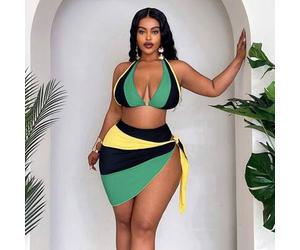 Große Größen Frauen Strandurlaub Brasil-Farbblock Dreieck Bikini Oberteil mit hoch geschnittenem String-Slip und Wickel-Sarong 3 Stücke Badeanzug Set