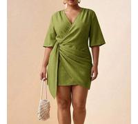 Große Größen Frühling/Sommer 2026 Neues Leinen V-Ausschnitt Mini-Kleid mit Seitenbindung, geeignet für Musikfestivals, Ostern, St. Patrick's Day, Vale