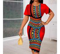 Große Größen Frühlings- und Sommer-Boho elegantes Pendler-Büro buntes gestricktes Bodycon-Kleid mit Rundhalsausschnitt, Midi-Länge, kurze Ärmel, Kleid