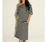 Große Größen gestreiftes gestricktes Jersey Maxi T-Shirt Kleid lässiger Schnitt entspannt bequem Reise Flughafen Alltag Basics Sommer Outfit Städtetri