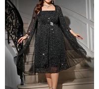 Große Größen glänzende Mode Quadratischer Ausschnitt Langarm Transparente Bluse, Große Größen Schwarzes Pailletten Kleid, Großen Größen Schwarzes Glit
