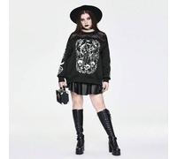 Große Größen Gothic Schwarz Katze Schädel Mond Schlange Jacquard Spitze Patchwork Loose Pullover Sweatshirt in Große Größen