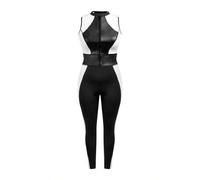 Große Größen-Jumpsuit mit Reißverschluss für Damen, schwarz/weiß, ärmellos, einteilig, mit Stretch-Einsätzen aus Kunstleder, herausnehmbaren Polstern,