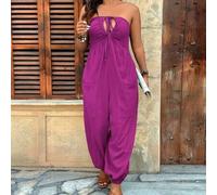 Große Größen Jumpsuit mit V-Ausschnitt aus strukturiertem Stoff, mit Taschen und Bundbeinen, geeignet für Lässig, Innenbereich, Reise, Urlaub