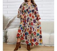 Große Größen Lässig einfach elegant Retro Blumenmuster Damen lang V-Ausschnitt plissiertes langärmliges luftiges Kleid, geeignet für Frühling und Somm