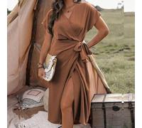 Große Größen Lässig einfarbiges Fledermaus-Wickelkleid Maxi Damen Outfit, Damen Sommerkleider, Wickelkleider für Damen, Urlaubsmode für Damen, Urlaubs