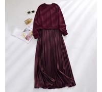 Große Größen Lässig einfarbiges langärmliges Strick Patchwork Plissee Midi Kleid, geeignet für Weihnachten, Neujahr, elegante Anlässe für Frauen, Rot