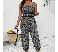 Große Größen Lässig Urlaubs Tiny Ditsy Floral ärmelloses Jumpsuit mit Kordelzug, Schwarz-Weiß Jumpsuit für Damen, Lässig Jumpsuits für Frauen, bequeme
