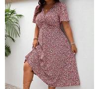 Große Größen Lehrer Kleidung, Bridgerton V-Ausschnitt Allover Muster Sommer Kurzarm Kleid