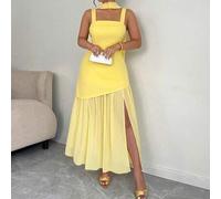Große Größen Maxikleid mit hohem Schlitz für Damen, ärmelloses langärmeliges Strandkleid in Unifarbe mit Schal, geeignet für Büro, Date, Alltag, Frühl