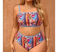 Große Größen Mehrfarbiges umkehrbares Muster Bandeau Badeanzug Set mit abnehmbaren Trägern, geraffter Seite und hoher Taille umkehrbarem Dreieck Unter